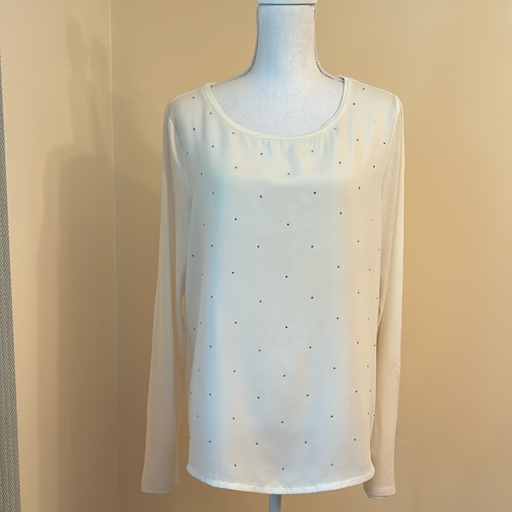 TOMMY HILFIGER Ivory Stretch Rhinestone Long Sleeves Pullover Top Size L
